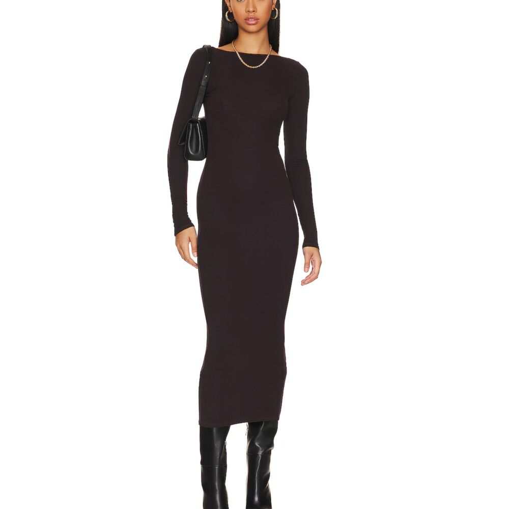 ENZA COSTA Ribbed Knit Scoopback Midi Dress Bitter Brown X-Small